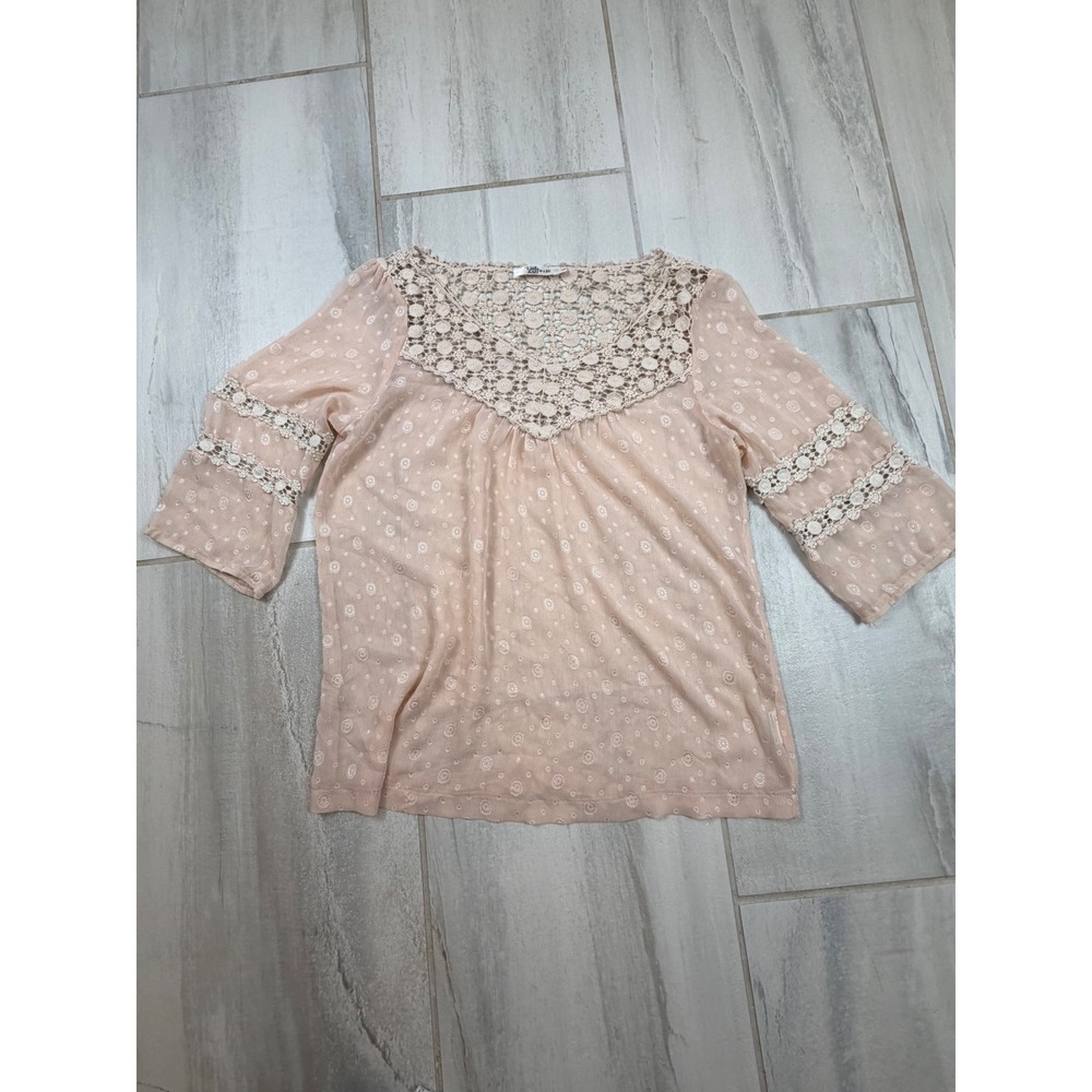 L'affaire Blush Pink Crochet Lace Swiss Dot Boho Blouse Women Small 3/4 Sleeve